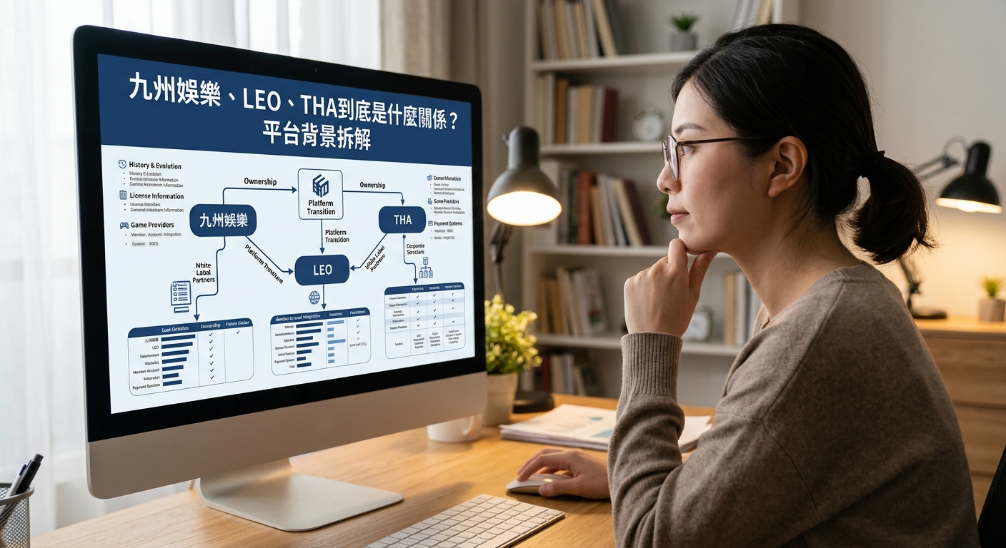 這張照片展示了一位女性坐在溫馨的書房內,專注地看著電腦螢幕上的分析圖表。 螢幕頂部清晰標記著「九州娛樂、LEO、THA到底是什麼關係?平台背景拆解」的標題。
