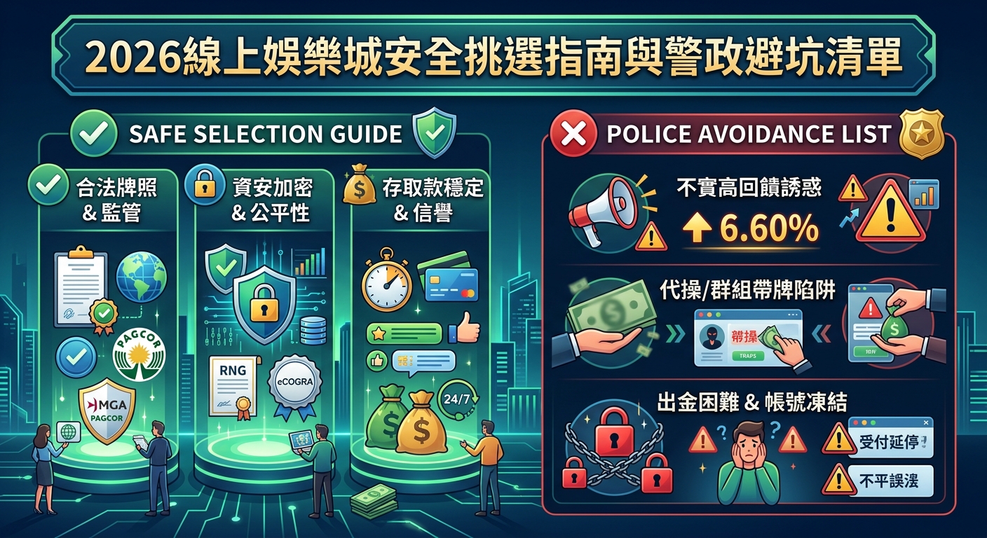 這張圖表分為左右兩區,左側綠色區塊展示「安全挑選指南」,包含合法牌照、資安加密及穩定存取款等關鍵指標。 右側紅色區塊則為「警政避坑清單」,列出高回饋誘惑、代操帶牌陷阱與無法出金等常見詐騙風險。