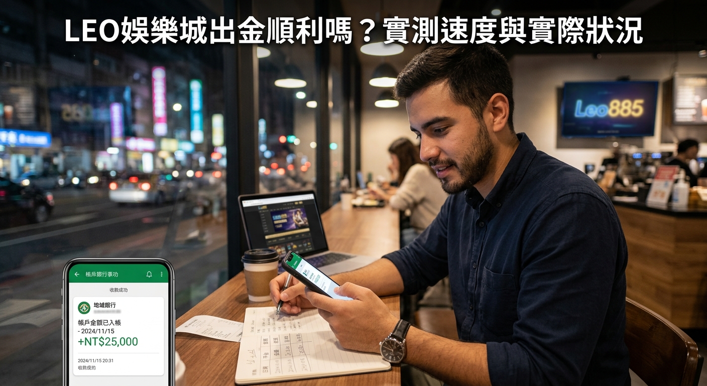 這張圖片展示了一名男子坐在咖啡廳內，專注地使用手機與筆記型電腦進行線上娛樂城出金與帳戶核對的實測過程。 畫面的頂部以清晰醒目的字體標示著主題標題：「LEO娛樂城出金順利嗎？實測速度與實際狀況」。