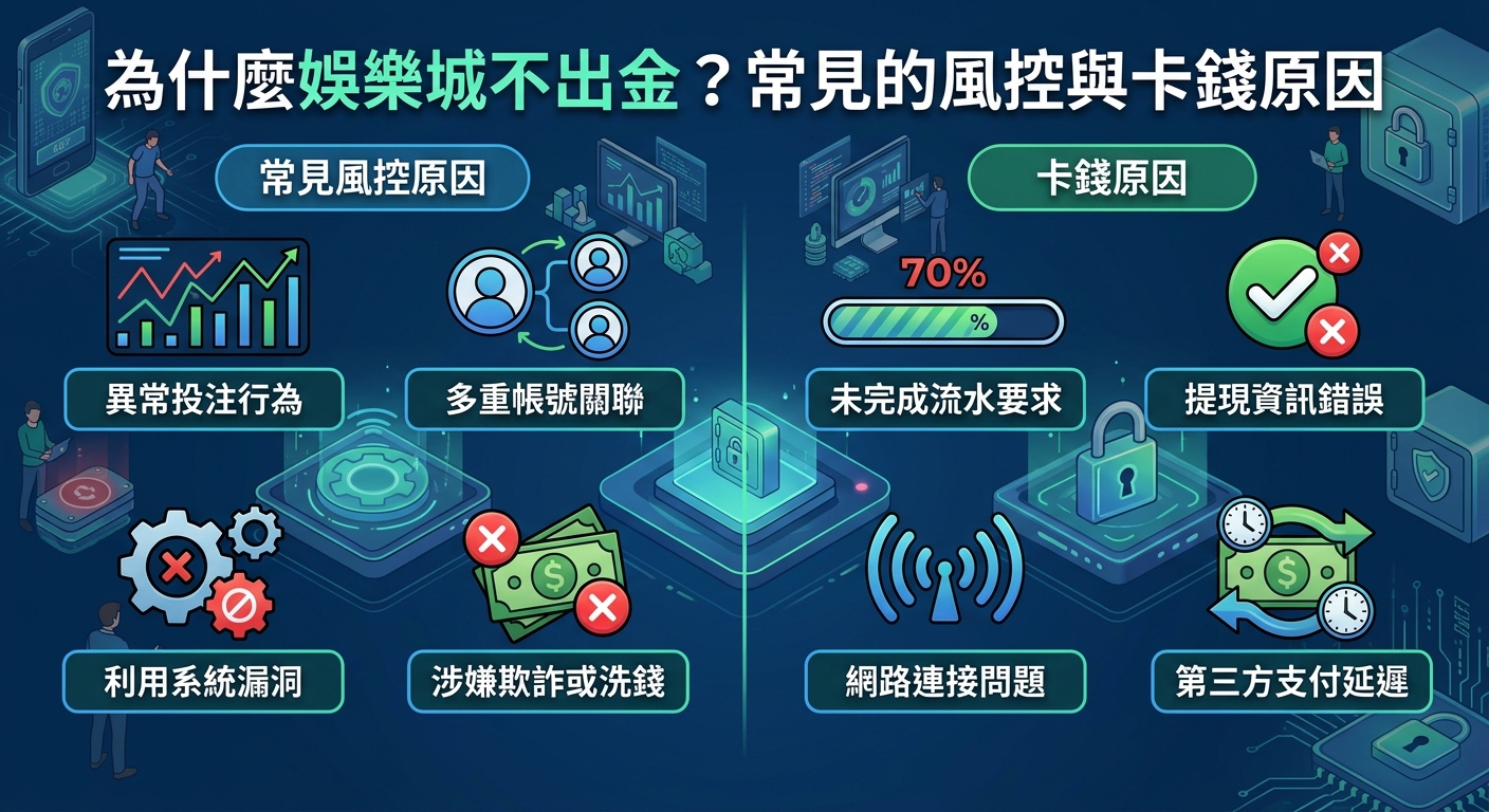 這張圖片採用科技感十足的暗色調資訊圖表風格，以對稱版面展示線上娛樂城提款受阻的常見原因。 畫面頂部標有中文標題，下方則透過左右分欄配合清晰圖示，分別解析「風控審查」與「系統卡錢」的背後主因。