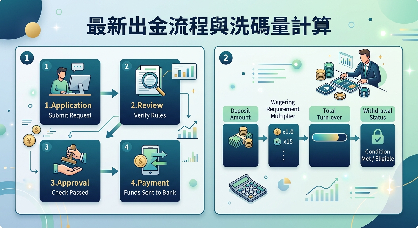 一張專業的資訊圖表,展示了最新出金流程與洗碼量計算步驟。 圖中包含簡潔的步驟流程圖與計算示意圖,呈現清晰流暢的資金提領說明。
