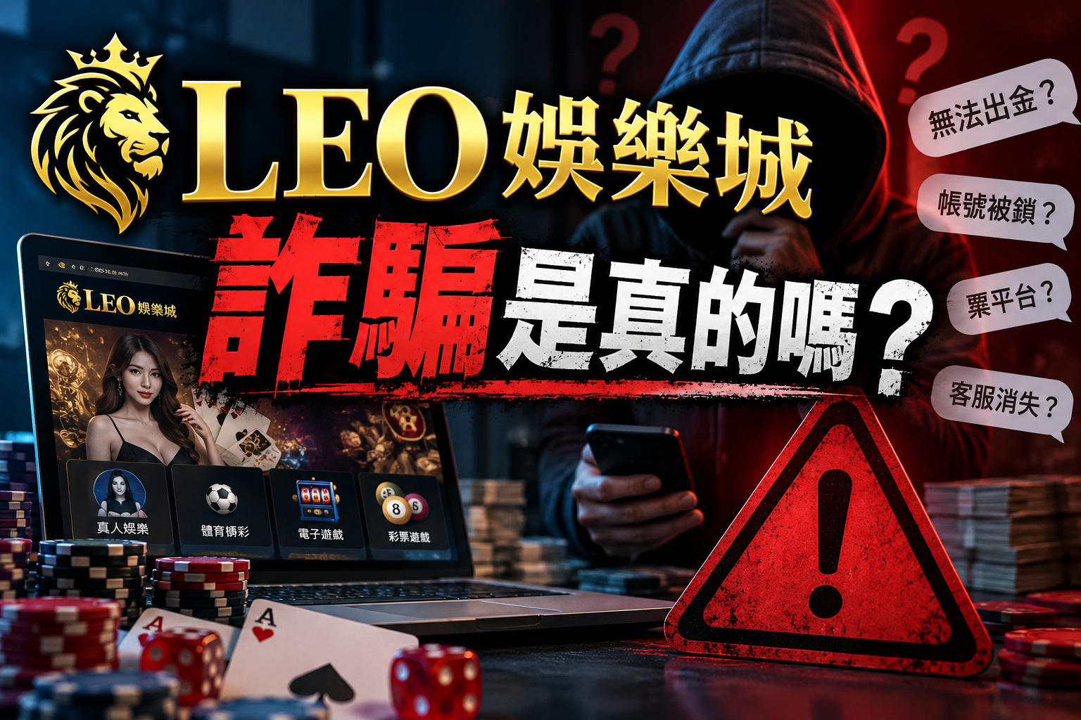 圖片以紅黑色警示風格呈現「LEO娛樂城詐騙是真的嗎？」主題，結合神祕駭客、娛樂城介面與警告標誌，營造防詐警覺氛圍。 透過無法出金、帳號被鎖及客服失聯等疑慮，提醒玩家留意娛樂城潛在風險，謹慎辨識平台安全性。