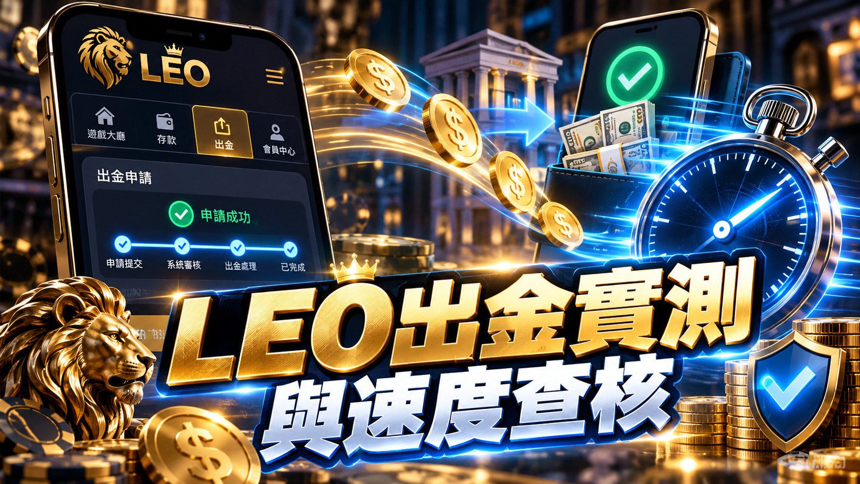 圖片以深藍與金色科技風格呈現 LEO 娛樂城出金流程，結合手機操作介面、金幣與資金轉帳元素，凸顯出金實測主題。 搭配計時器、安全盾牌及審核進度圖示，強調出金速度查核、交易安全性與申請流程的完整解析。